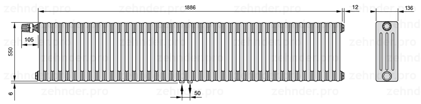 Схема (чертеж) Радиатор Zehnder Charleston 4055/41 №V007 Белый глянцевый RAL 9016